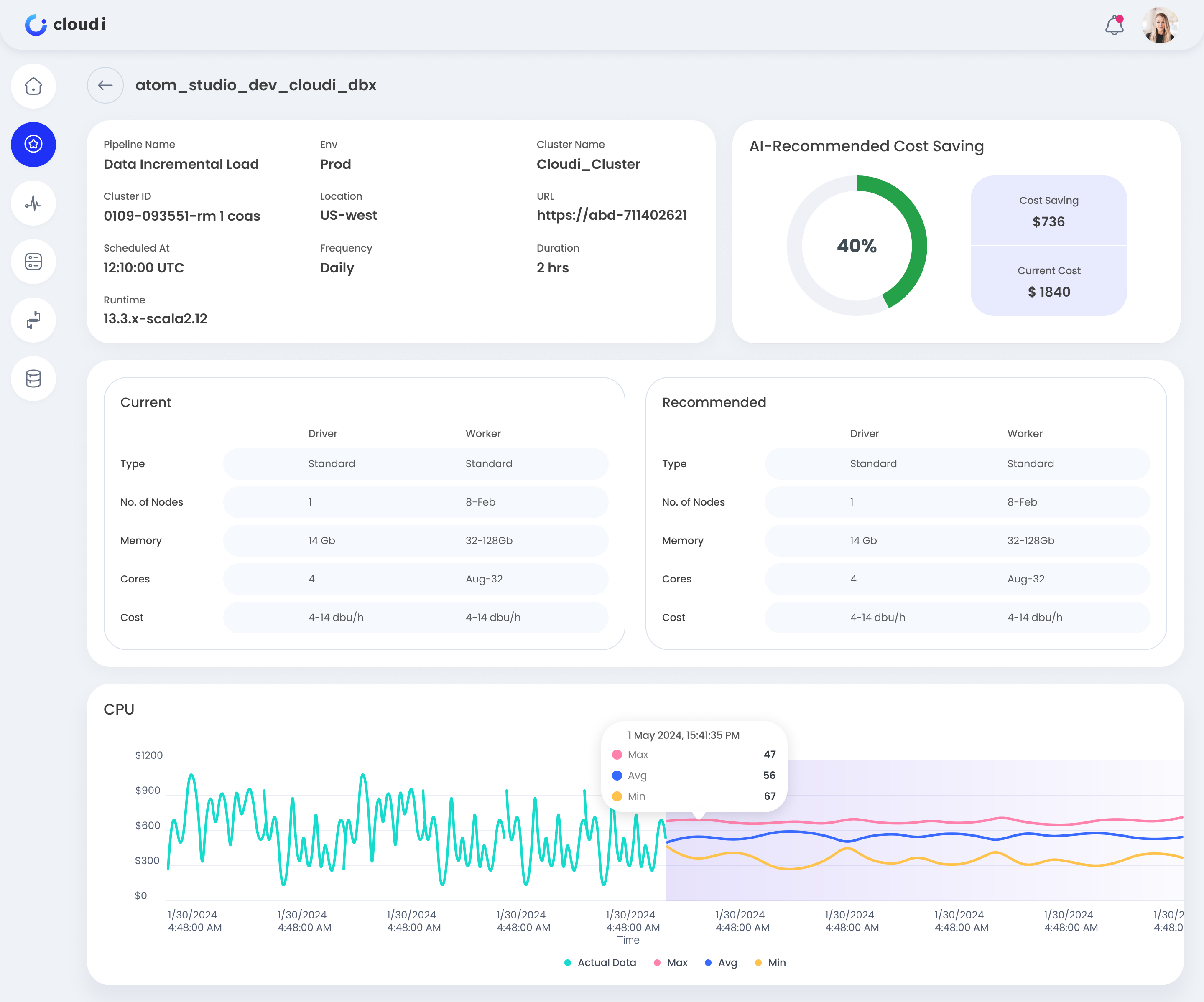 Cloudi Databricks cost recommendation comparing current and recommended cluster configurations